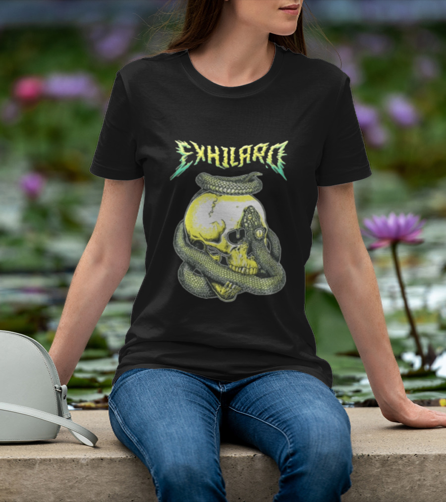 Exhilaro Venomous Serpent Coiled Around Yellow Human Skull T-Shirt