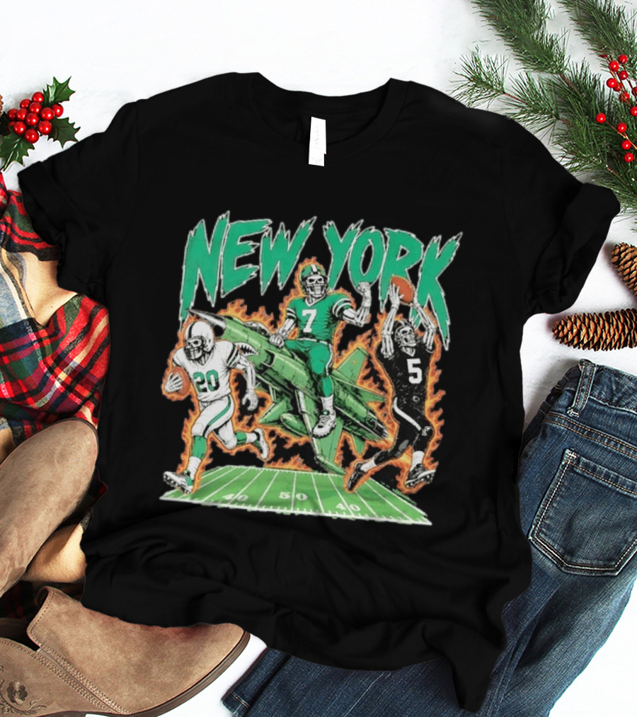 New York Jets Skeleton Football Players With Jet And Field T-Shirt