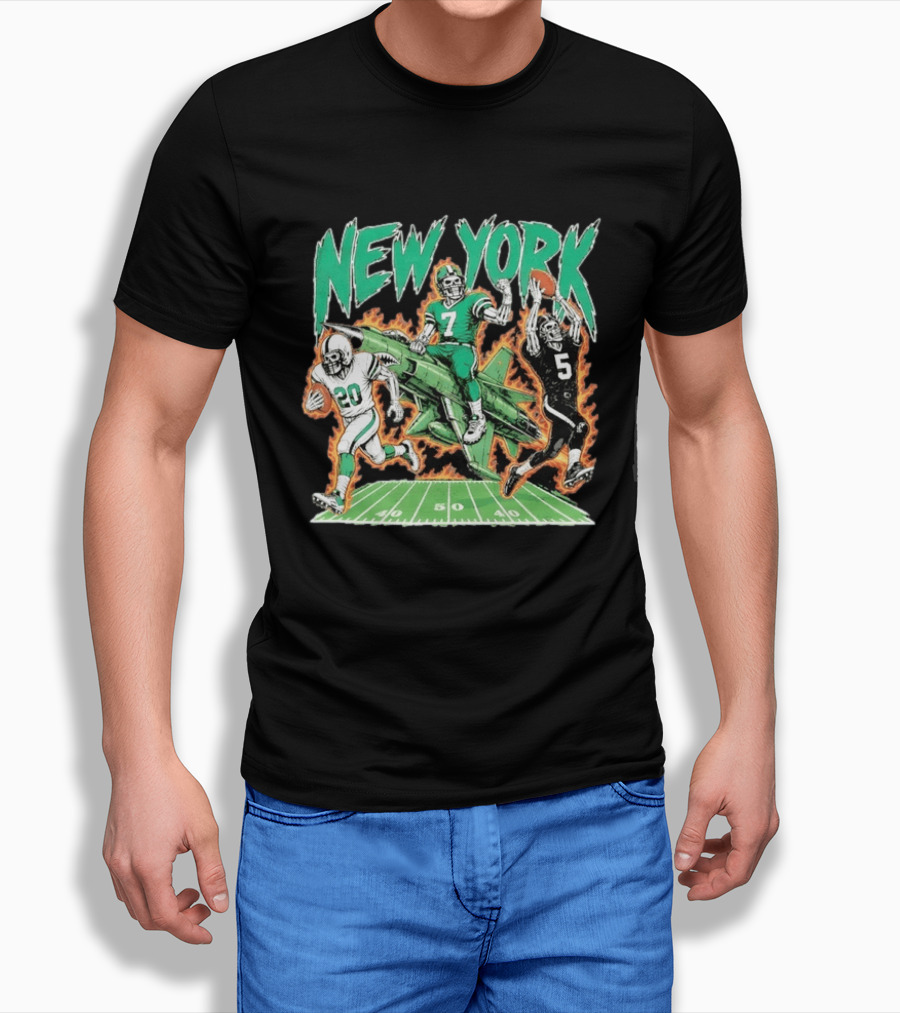 New York Jets Skeleton Football Players With Jet And Field T-Shirt