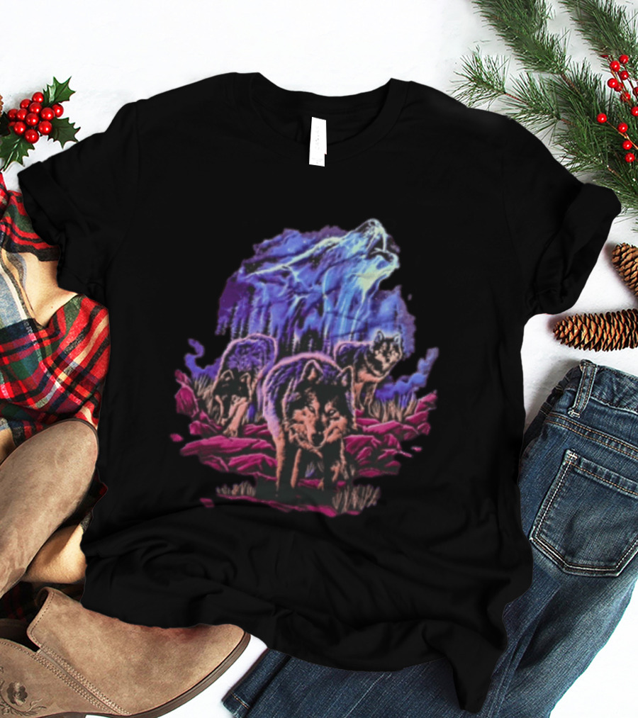 Odm San Diego 2000 Three Wolves Howling Celestial Northern Lights Woods T-Shirt