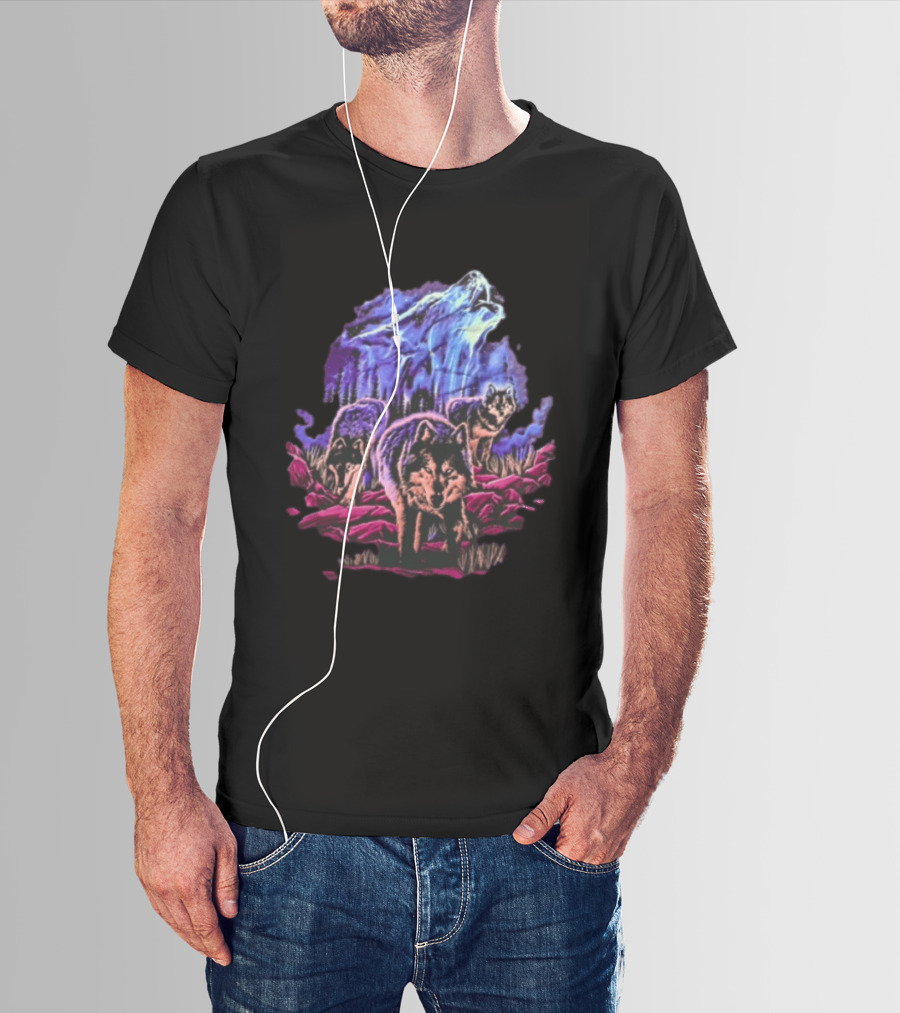 Odm San Diego 2000 Three Wolves Howling Celestial Northern Lights Woods T-Shirt