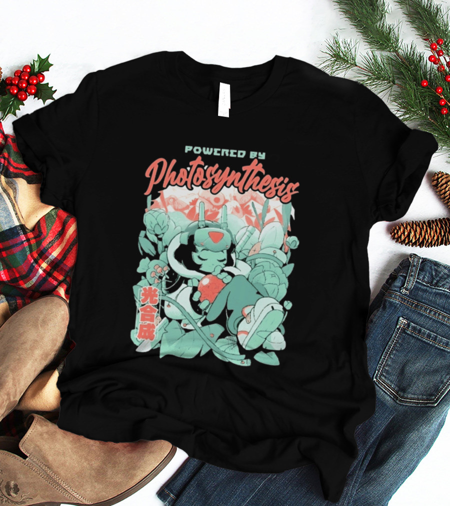 Powered By Photosynthesis Anime Kanji Characters And Cute Green Robot T-Shirt