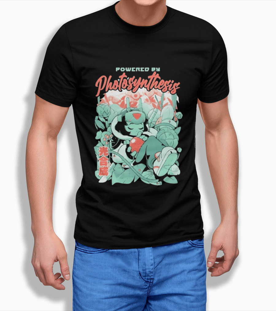 Powered By Photosynthesis Anime Kanji Characters And Cute Green Robot T-Shirt