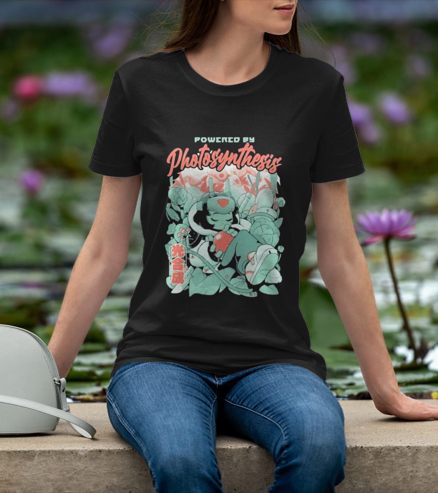 Powered By Photosynthesis Anime Kanji Characters And Cute Green Robot T-Shirt