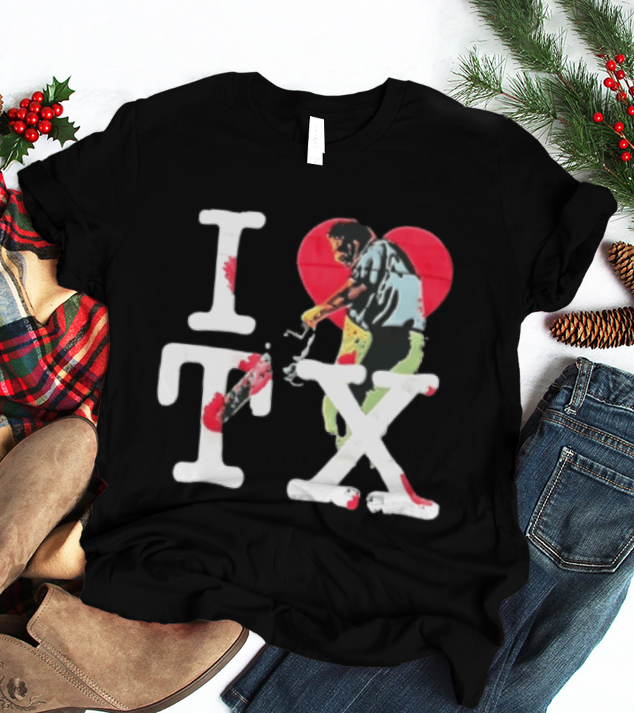 I Love Tx Leatherface Chainsaw Heart Blood Splatter T-Shirt