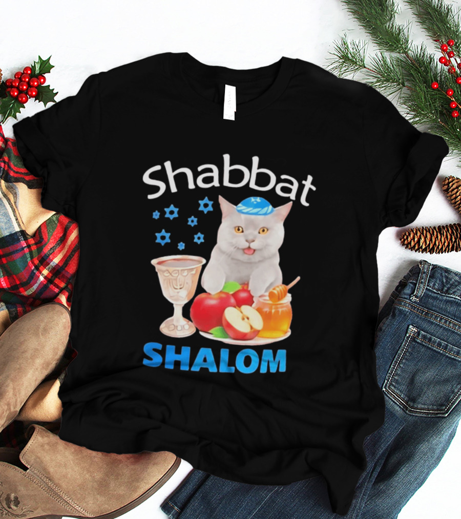 Shabbat Shalom Cat With Kippah Apples Honey And Wine Cup T-Shirt