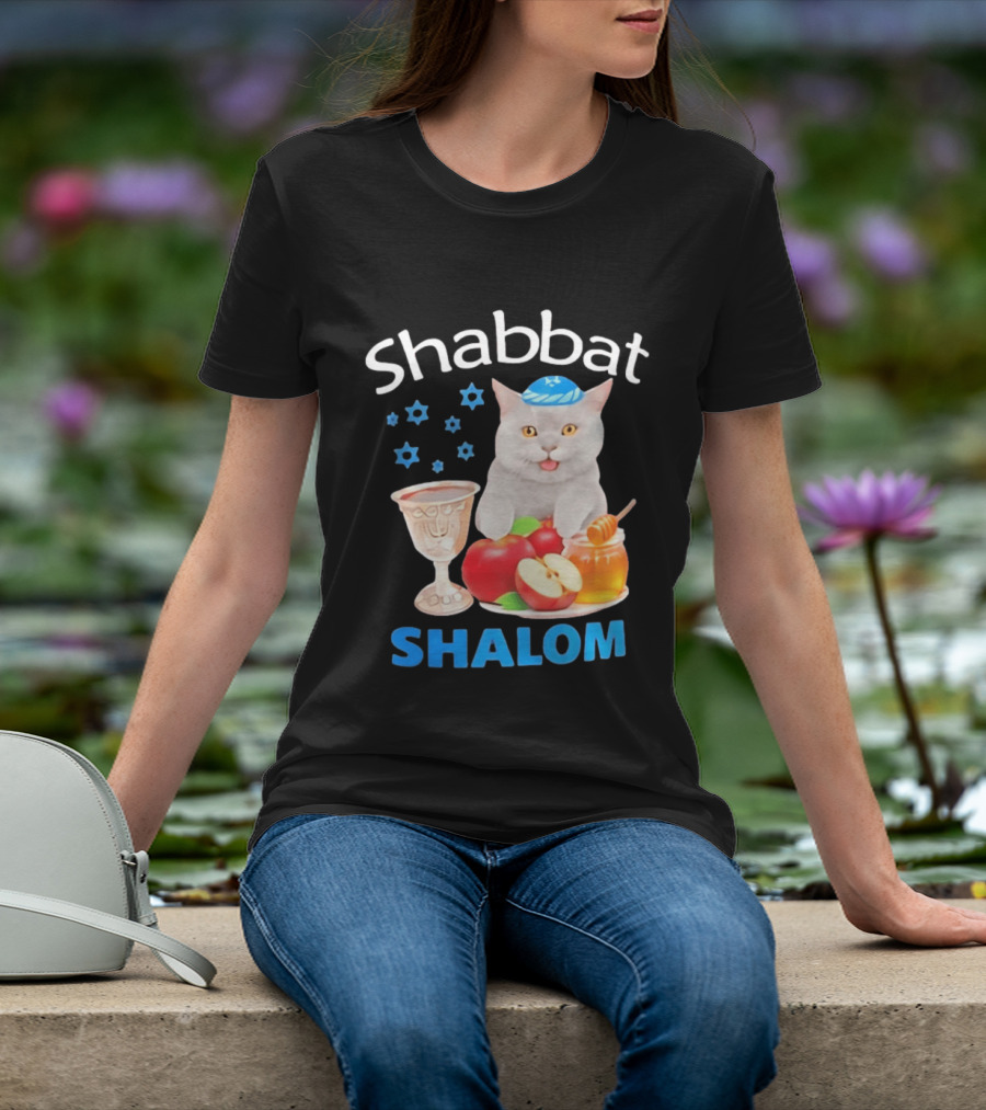 Shabbat Shalom Cat With Kippah Apples Honey And Wine Cup T-Shirt