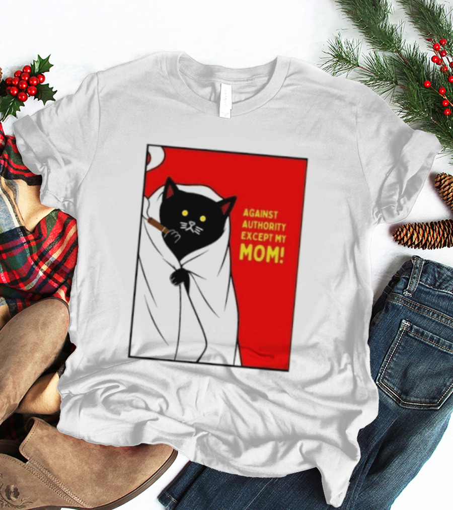 Black Cat Against Authority Except My Mom Smoking Cloaked Yellow Eyes Red T-Shirt