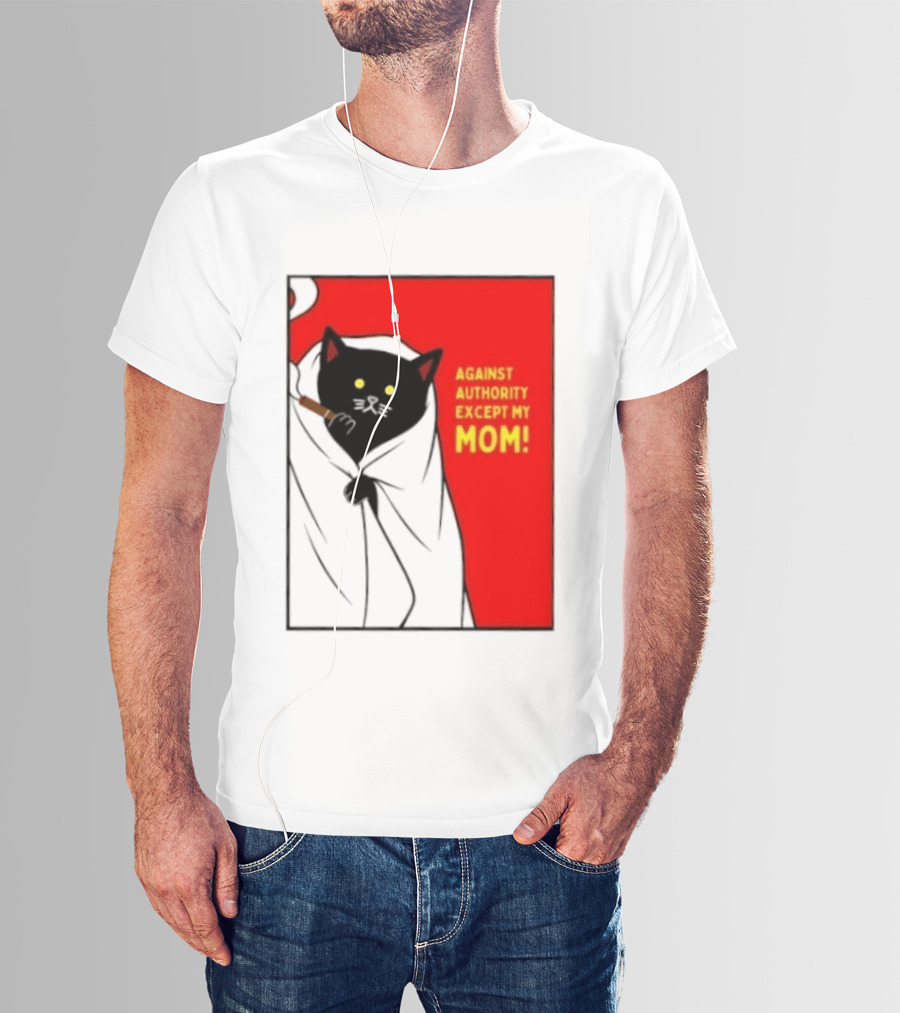 Black Cat Against Authority Except My Mom Smoking Cloaked Yellow Eyes Red T-Shirt