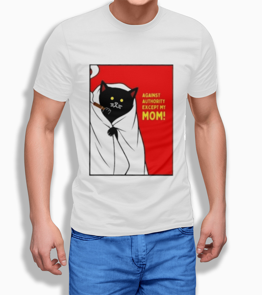 Black Cat Against Authority Except My Mom Smoking Cloaked Yellow Eyes Red T-Shirt