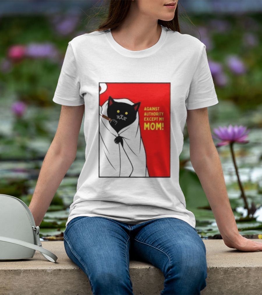 Black Cat Against Authority Except My Mom Smoking Cloaked Yellow Eyes Red T-Shirt