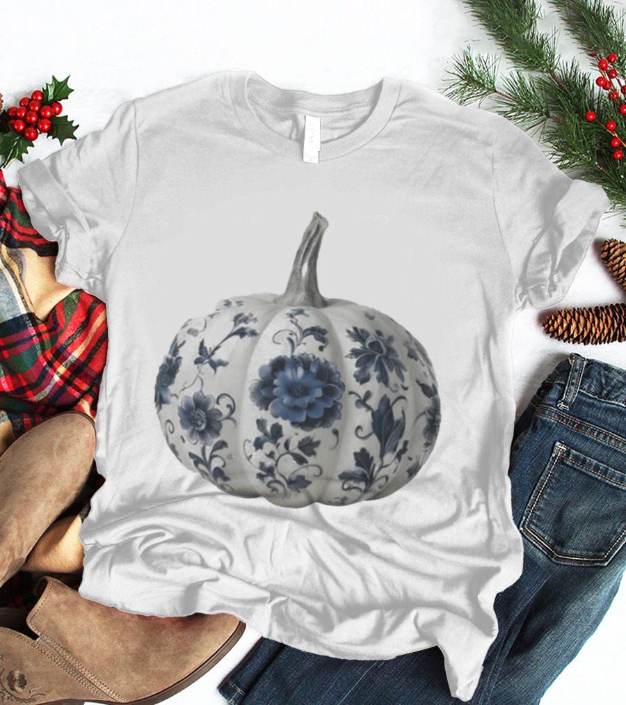 Blue Floral Porcelain Pumpkin China Blue Pumpkin Decor T-Shirt