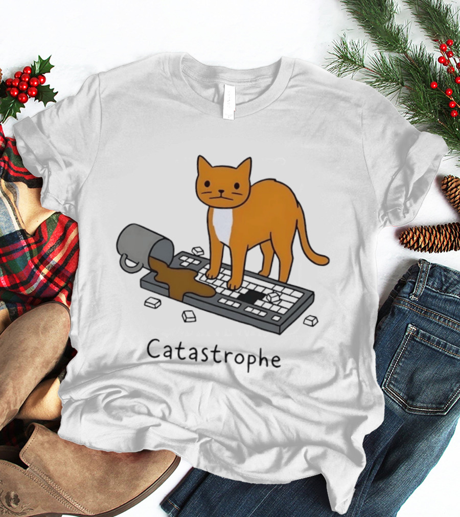 Catastrophe Orange Cat Spilling Coffee On Keyboard T-Shirt