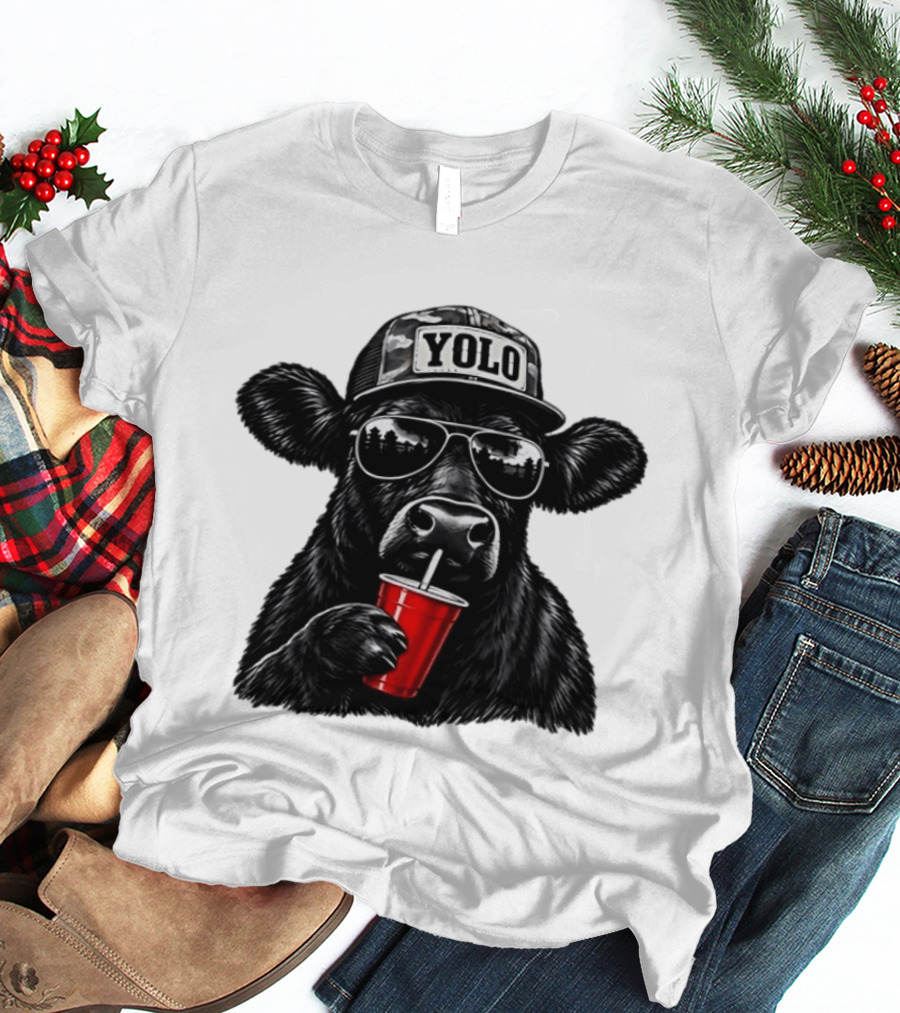 Cow With Yolo Camo Hat Sunglasses Red Cup T-Shirt