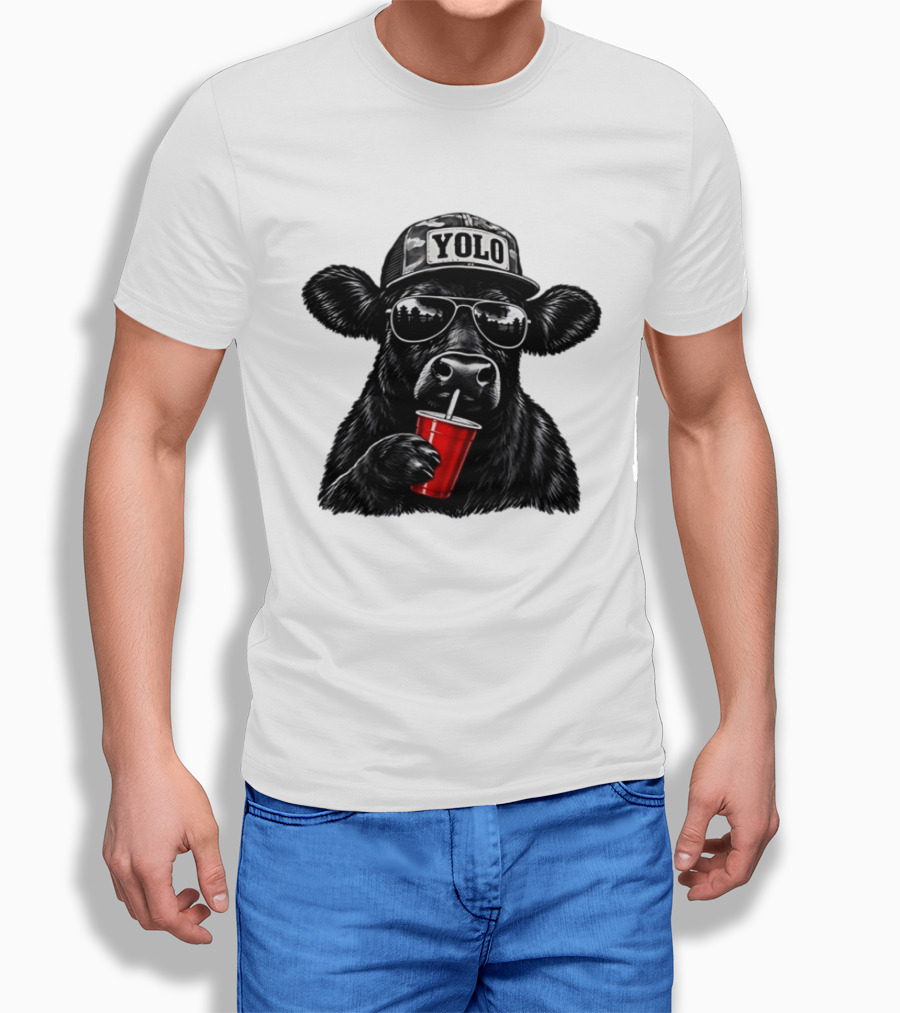 Cow With Yolo Camo Hat Sunglasses Red Cup T-Shirt