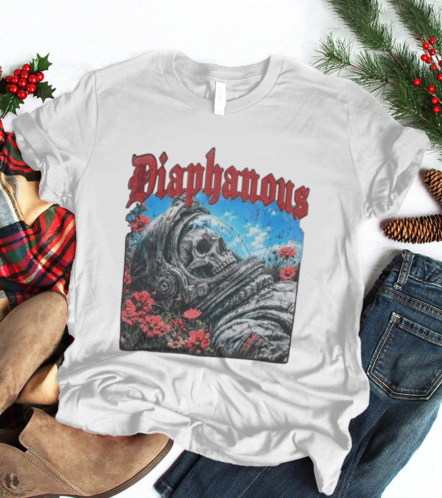 Diaphanous Distressed Skull Astronaut In Flowers With Cosmic T-Shirt