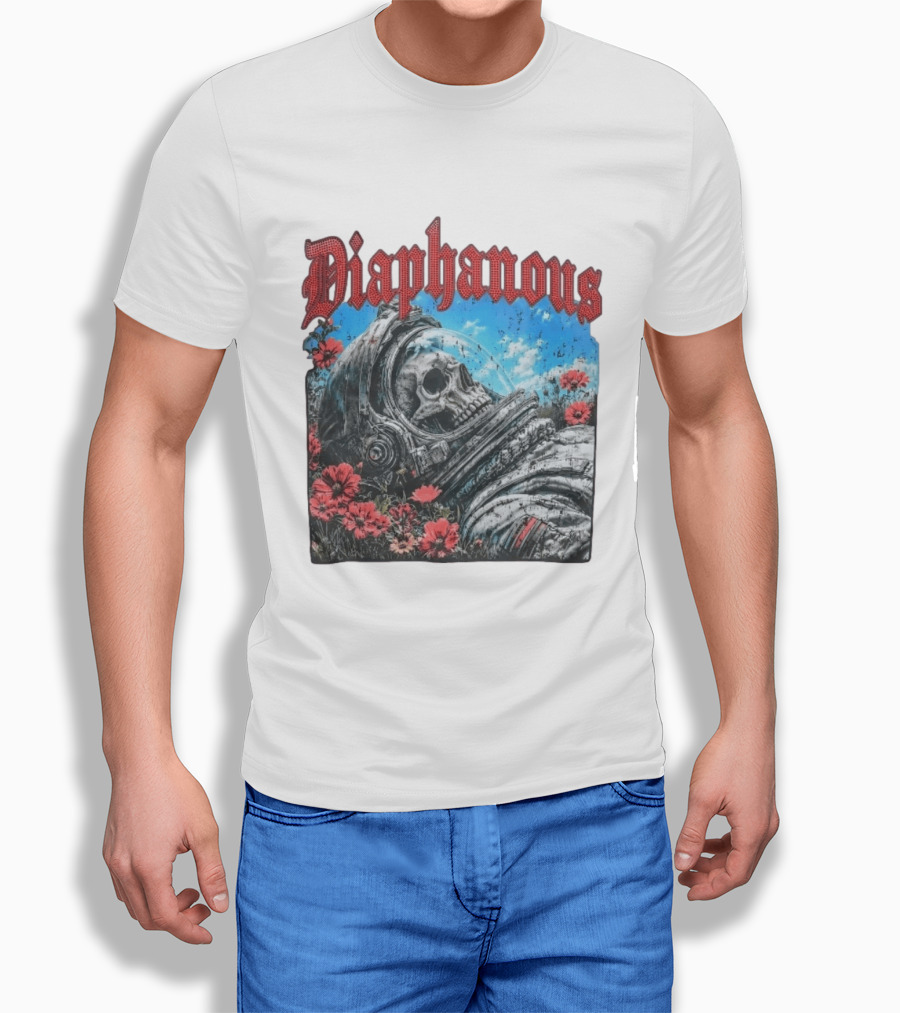 Diaphanous Distressed Skull Astronaut In Flowers With Cosmic T-Shirt