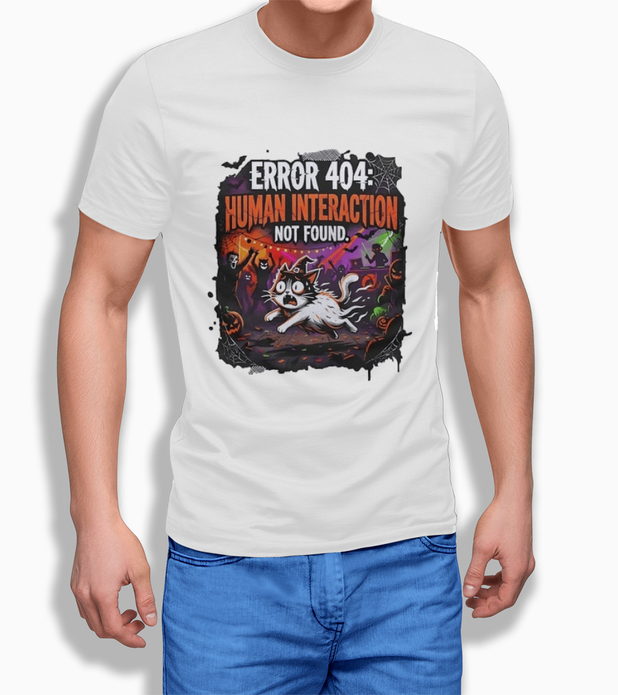 Error 404 Human Interaction Not Found Halloween Cat Spooky Party Scene T-Shirt