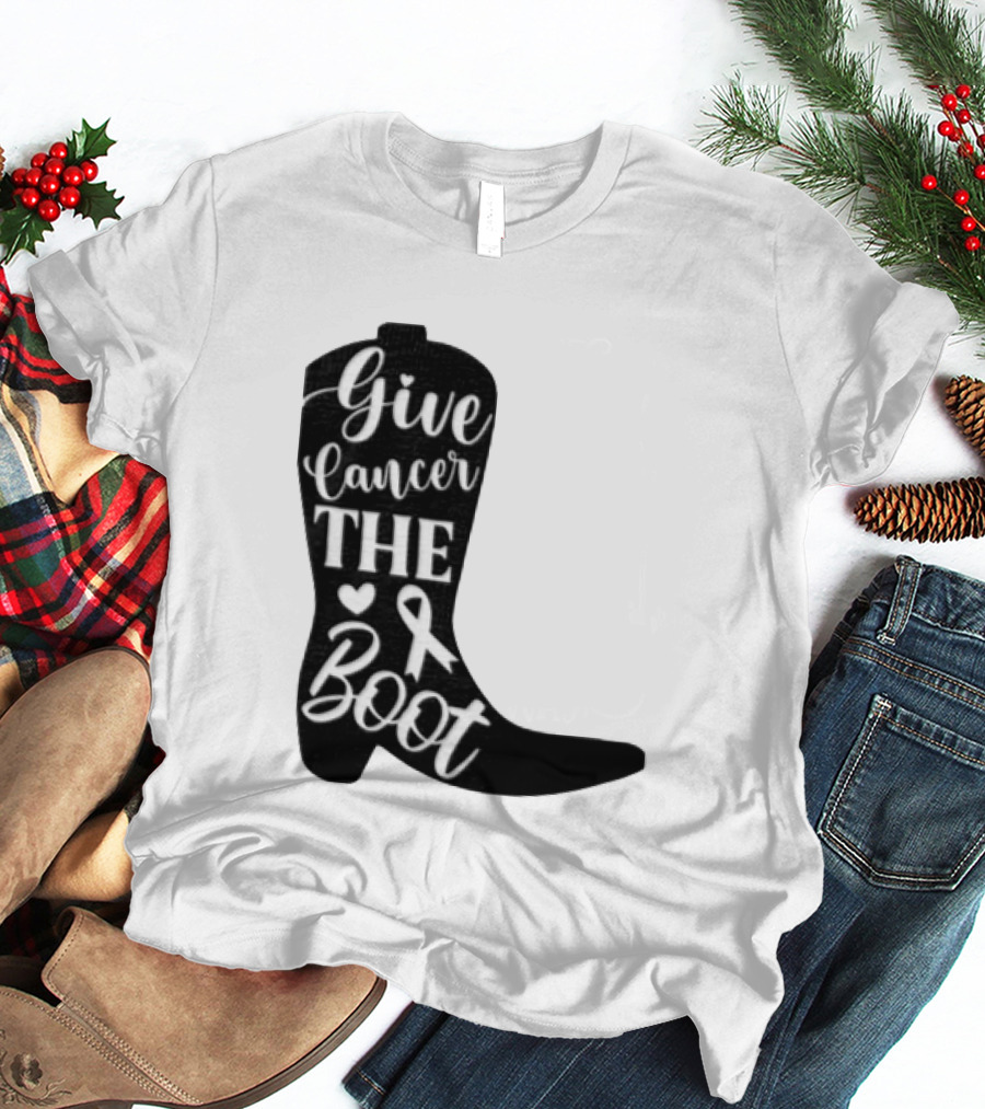 Give Cancer The Boot Awareness Ribbon Western Cowboy Boot T-Shirt