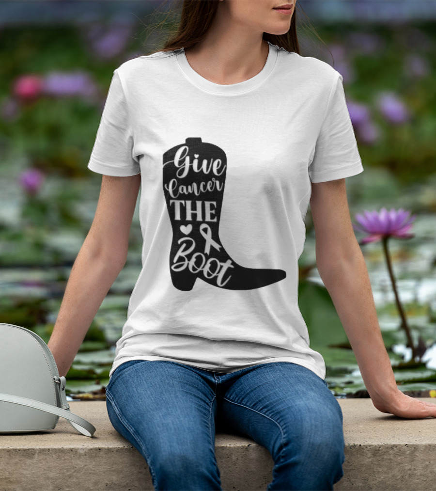 Give Cancer The Boot Awareness Ribbon Western Cowboy Boot T-Shirt