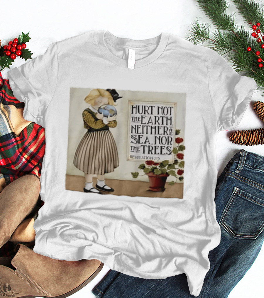 Hurt Not The Earth Revelation 7:3 Vintage Girl Holding Globe Environmental Protection T-Shirt