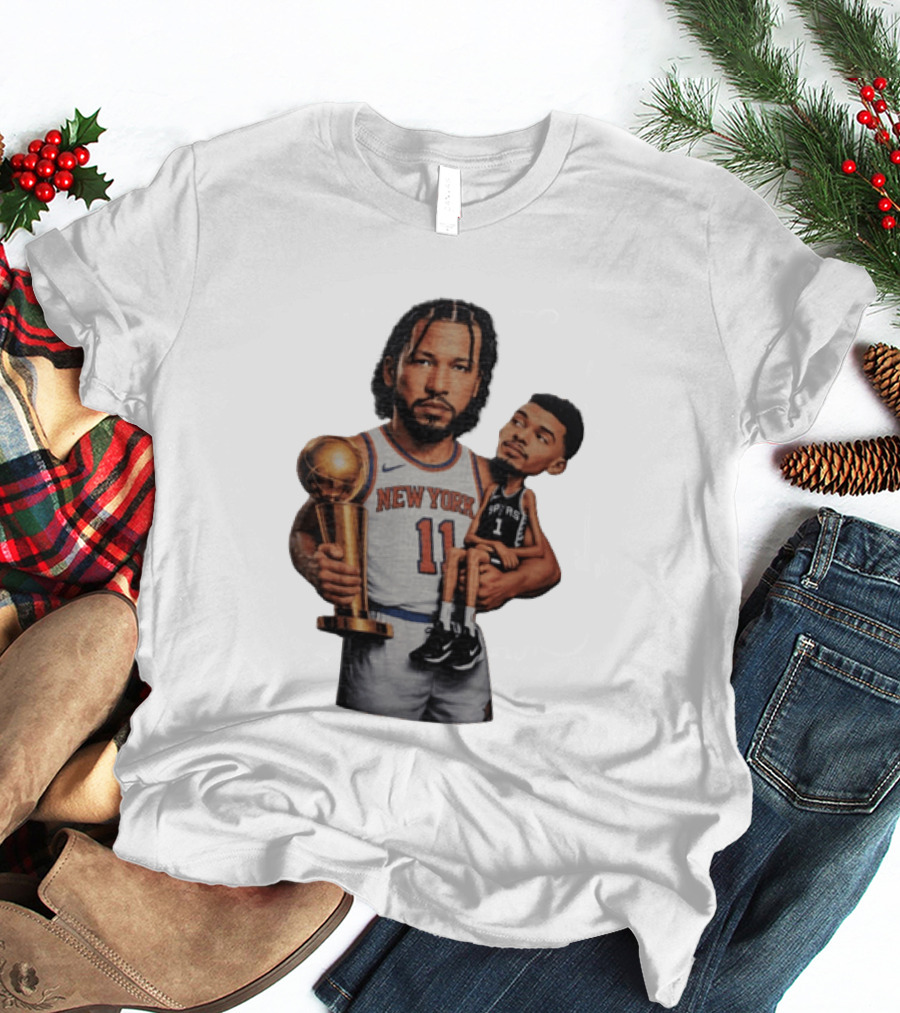 New York Knicks Jalen Brunson Embraces San Antonio Spurs Victor Wembanyama NBA Trophy T-Shirt