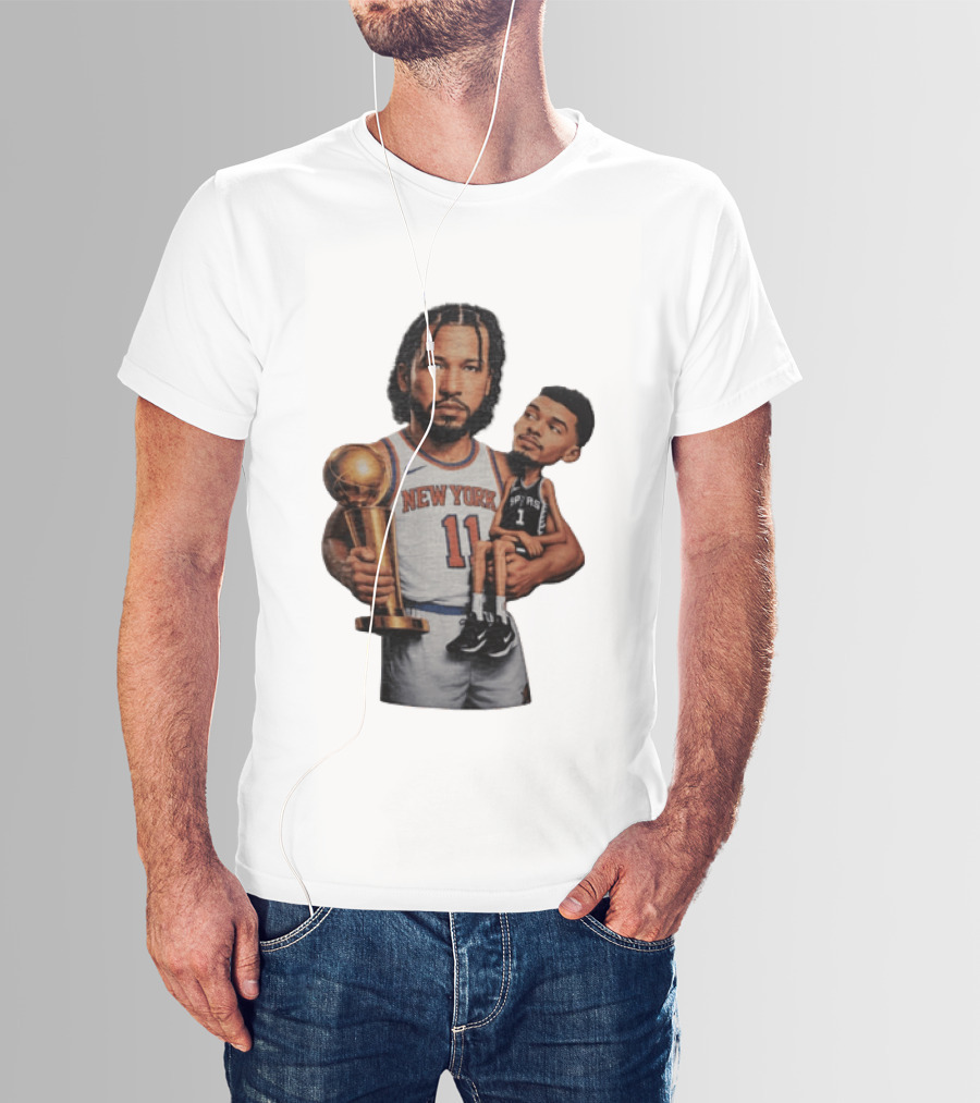 New York Knicks Jalen Brunson Embraces San Antonio Spurs Victor Wembanyama NBA Trophy T-Shirt
