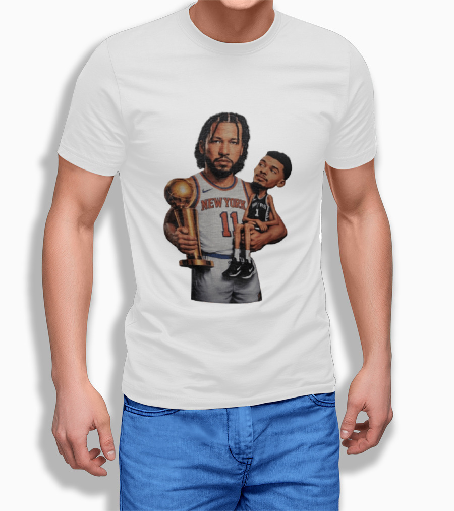 New York Knicks Jalen Brunson Embraces San Antonio Spurs Victor Wembanyama NBA Trophy T-Shirt