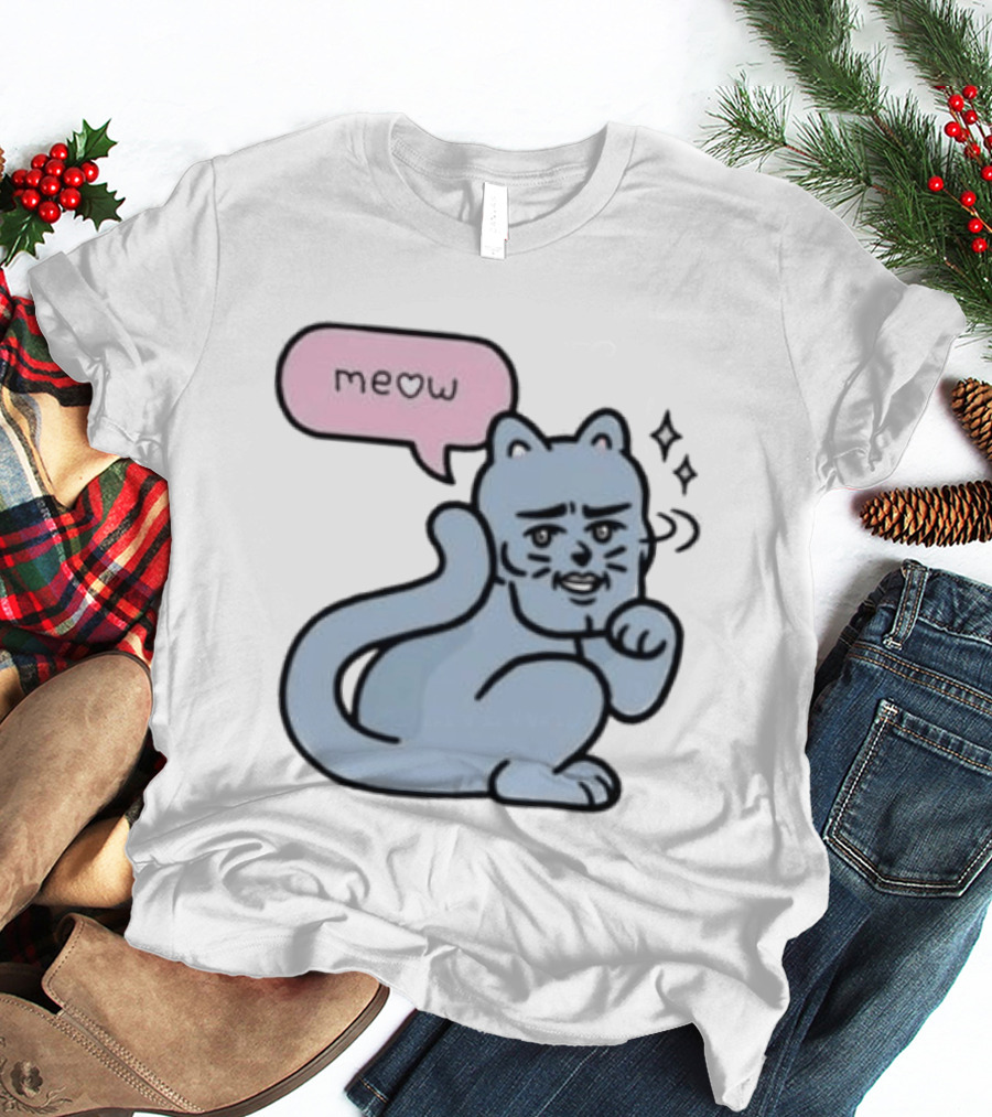 Meow Meme Cat With Human Face And Sparkles T-Shirt