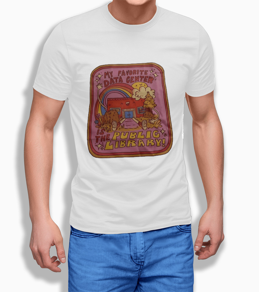 My Favorite Data Center Is The Public Library Rainbow Cartoon Library Scene T-Shirt