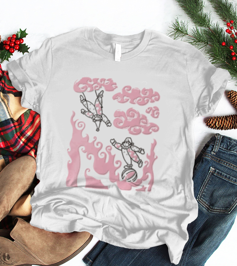 Pink Pastel Cartoon Circus Clowns Trapeze Ball Clouds Flames T-Shirt