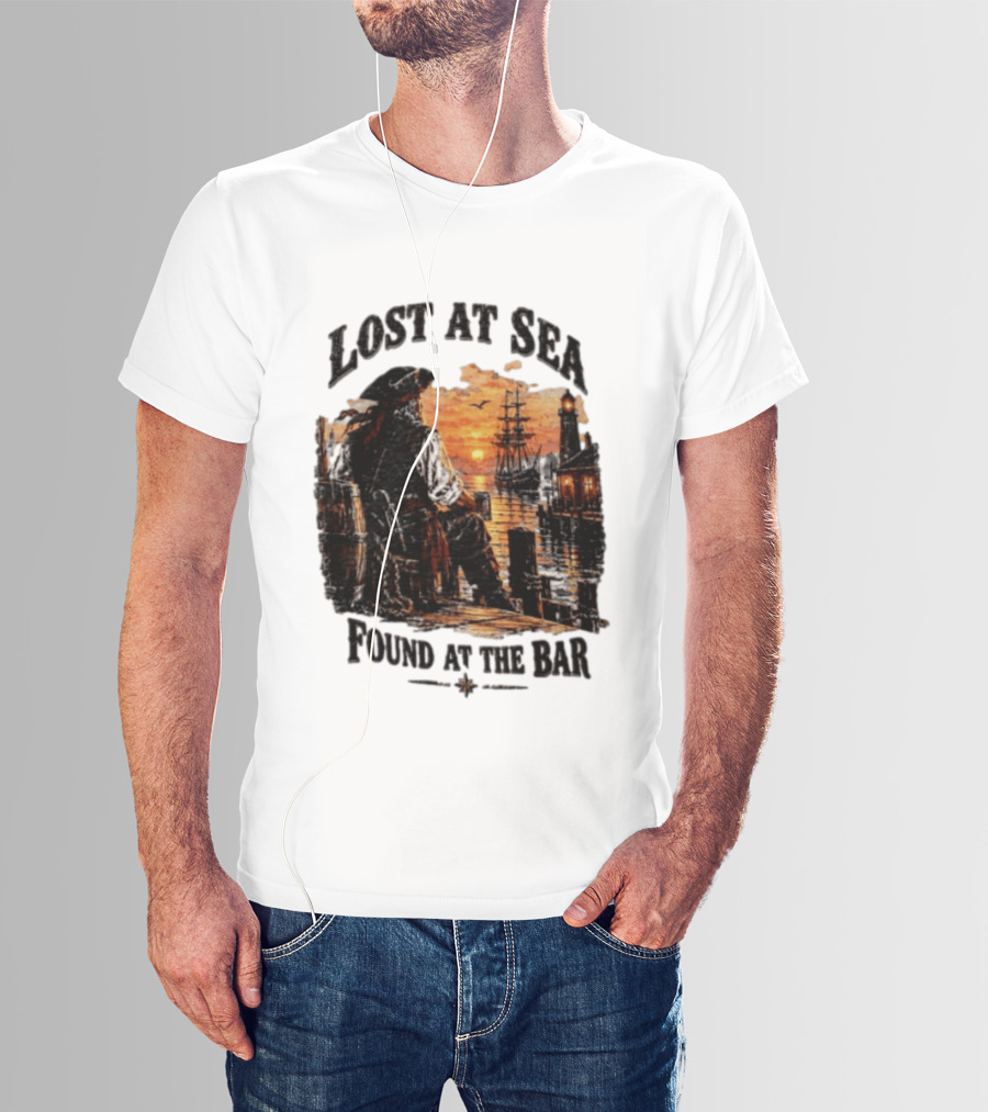 Lost At Sea Found At The Bar Pirate Sunset Tavern Lighthouse Nautical Adventure T-Shirt
