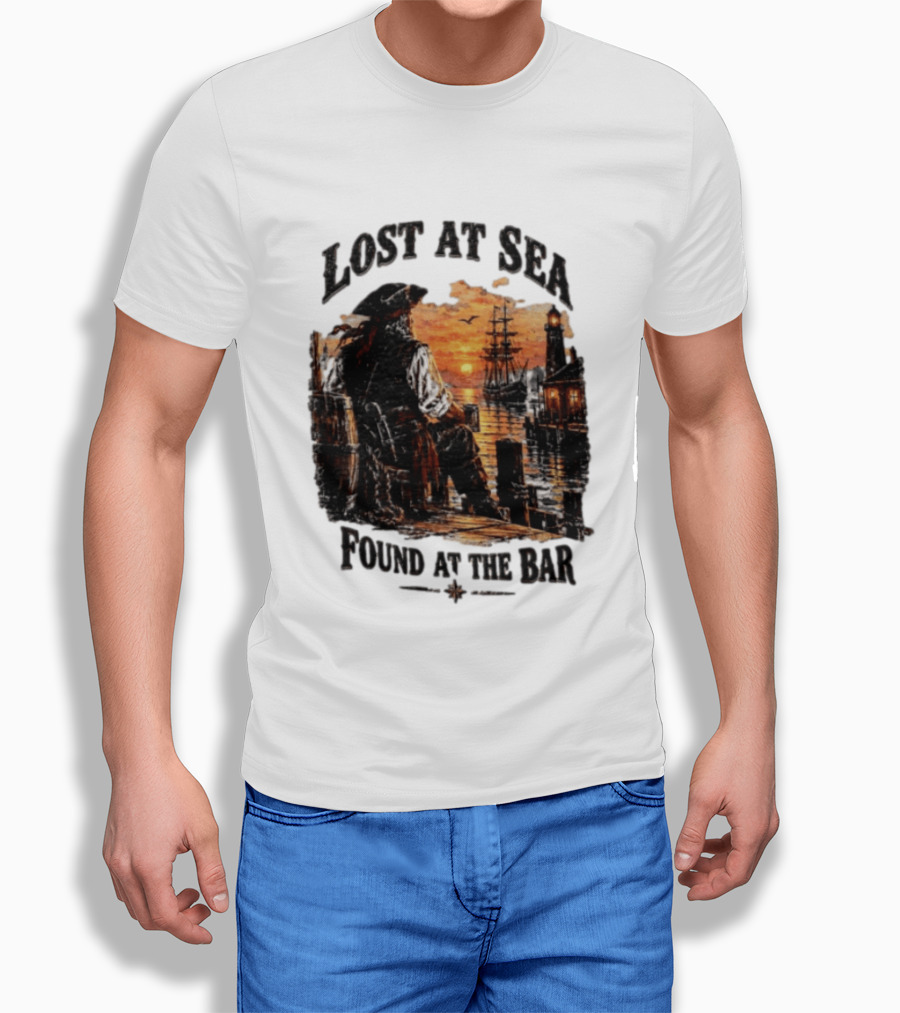 Lost At Sea Found At The Bar Pirate Sunset Tavern Lighthouse Nautical Adventure T-Shirt