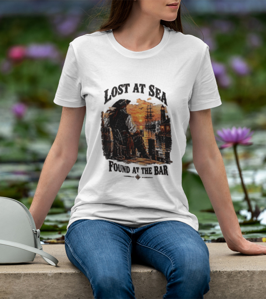 Lost At Sea Found At The Bar Pirate Sunset Tavern Lighthouse Nautical Adventure T-Shirt
