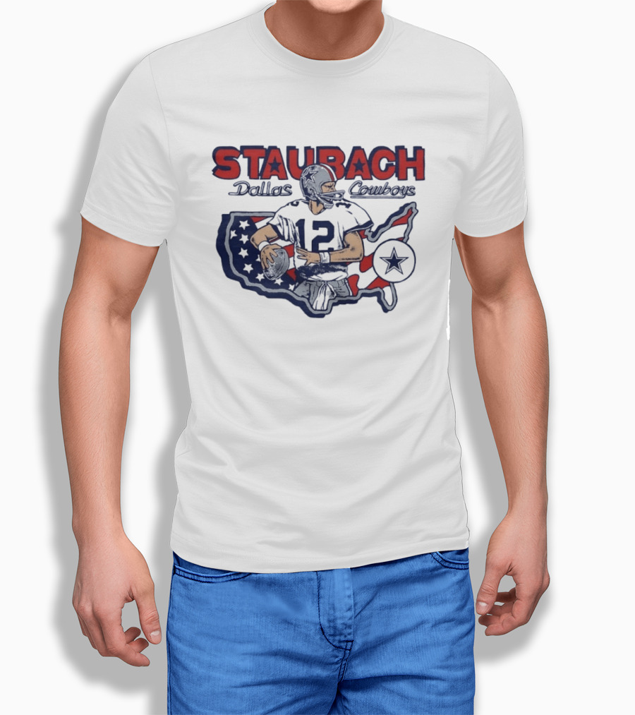 Staubach Dallas Cowboys 12 USA Map Star Helmet Football T-Shirt