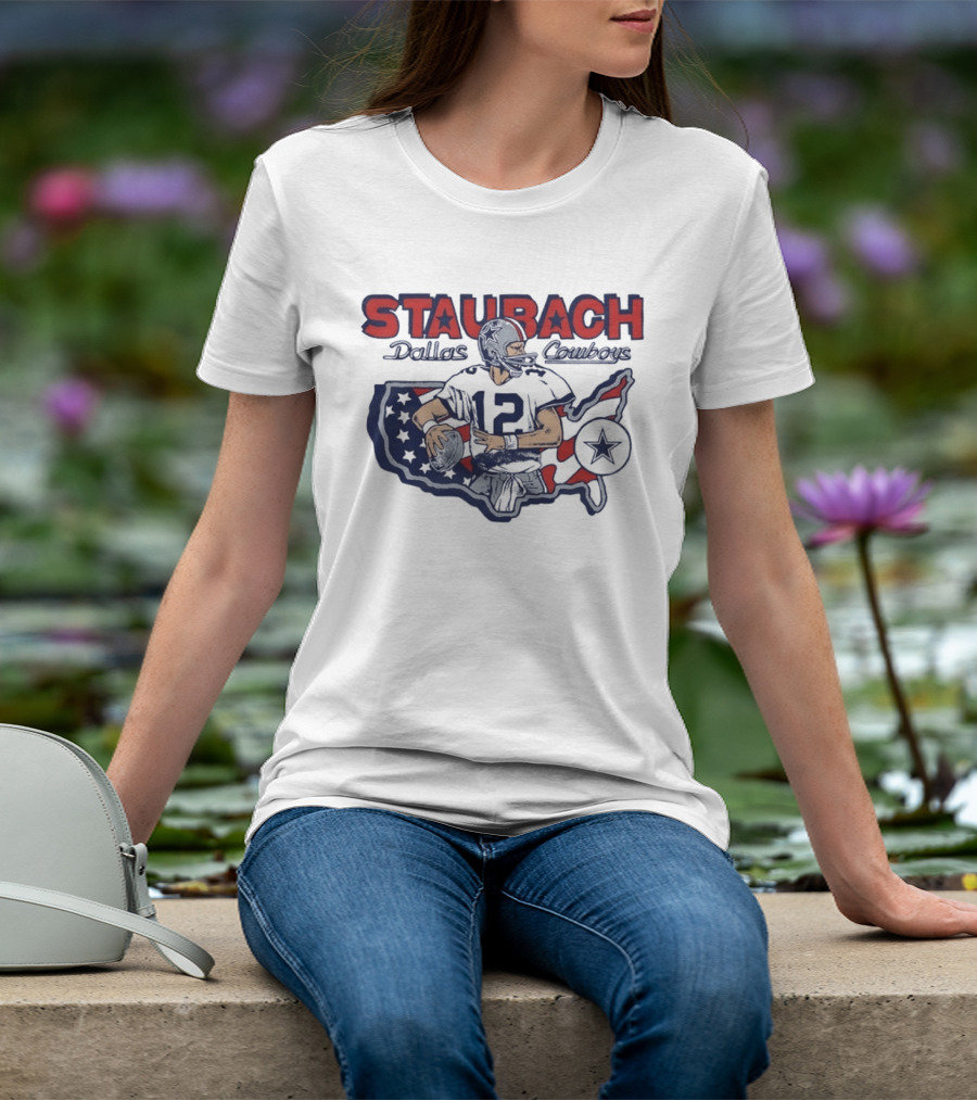 Staubach Dallas Cowboys 12 USA Map Star Helmet Football T-Shirt