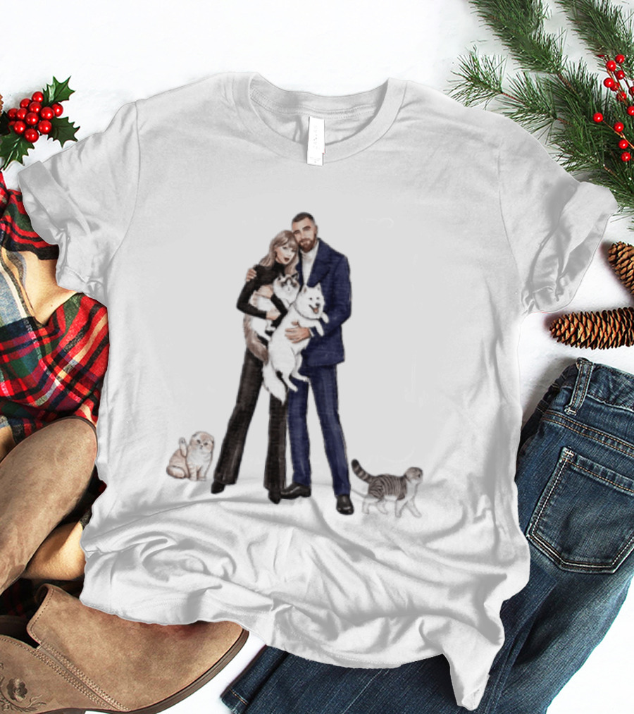 Kansas City Chiefs Couple Taylor Travis Kelce With Cats And Dog T-Shirt