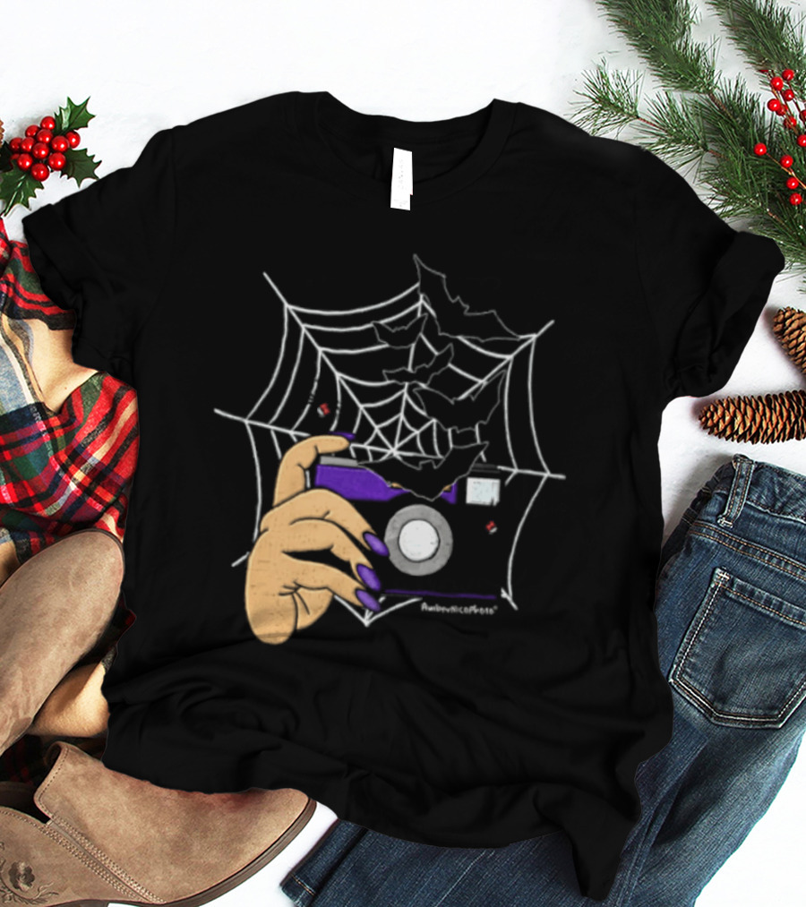 AmberNicoPhoto Camera With Bats And Spider Web Halloween T-Shirt