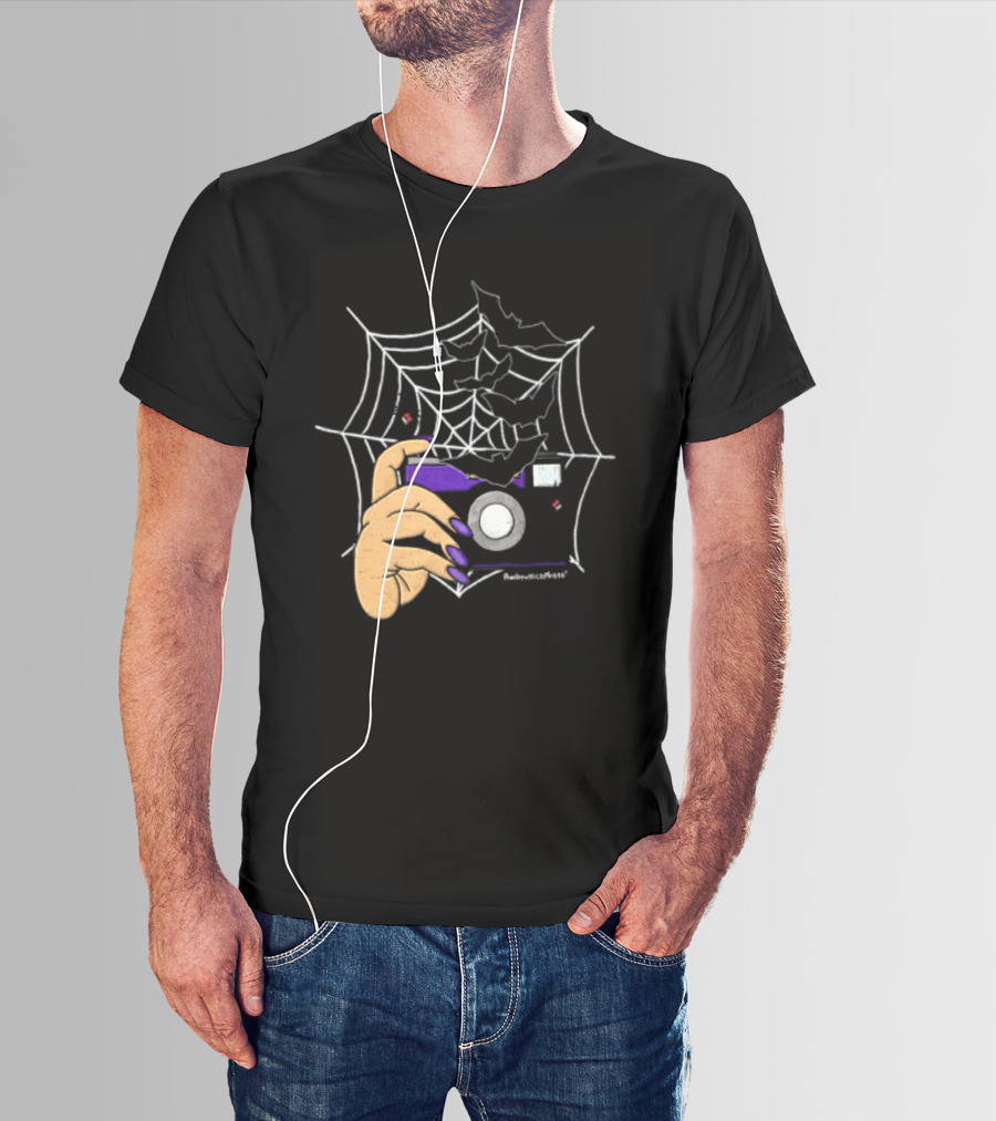 AmberNicoPhoto Camera With Bats And Spider Web Halloween T-Shirt