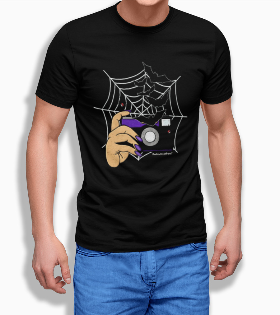 AmberNicoPhoto Camera With Bats And Spider Web Halloween T-Shirt