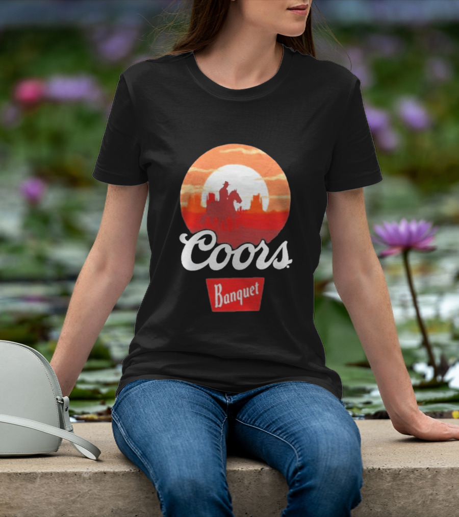 Coors Banquet Cowboy Horseback Riding At Sunset Western Scene T-Shirt