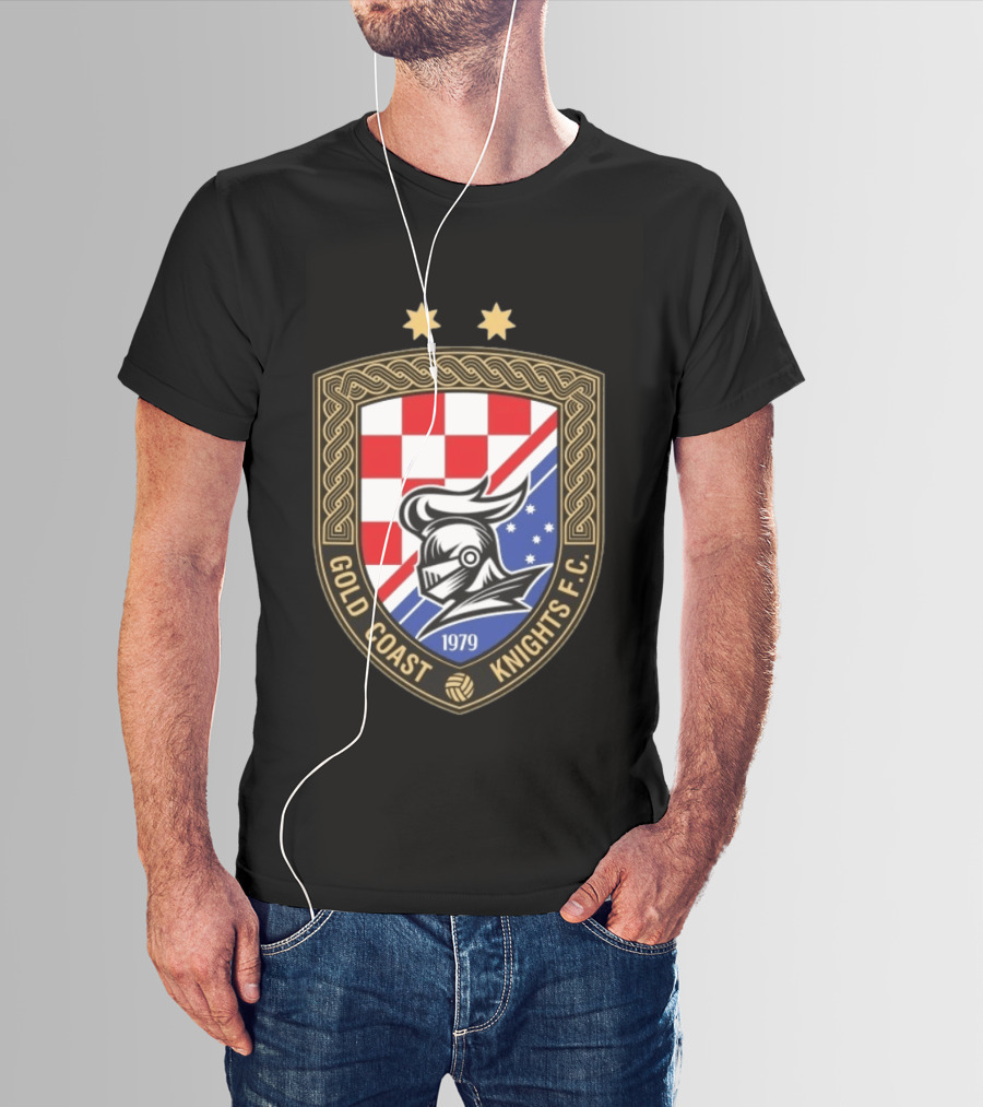 Gold Coast Knights F.C. 1979 Crest With Chessboard Pattern And Knight Helmet T-Shirt