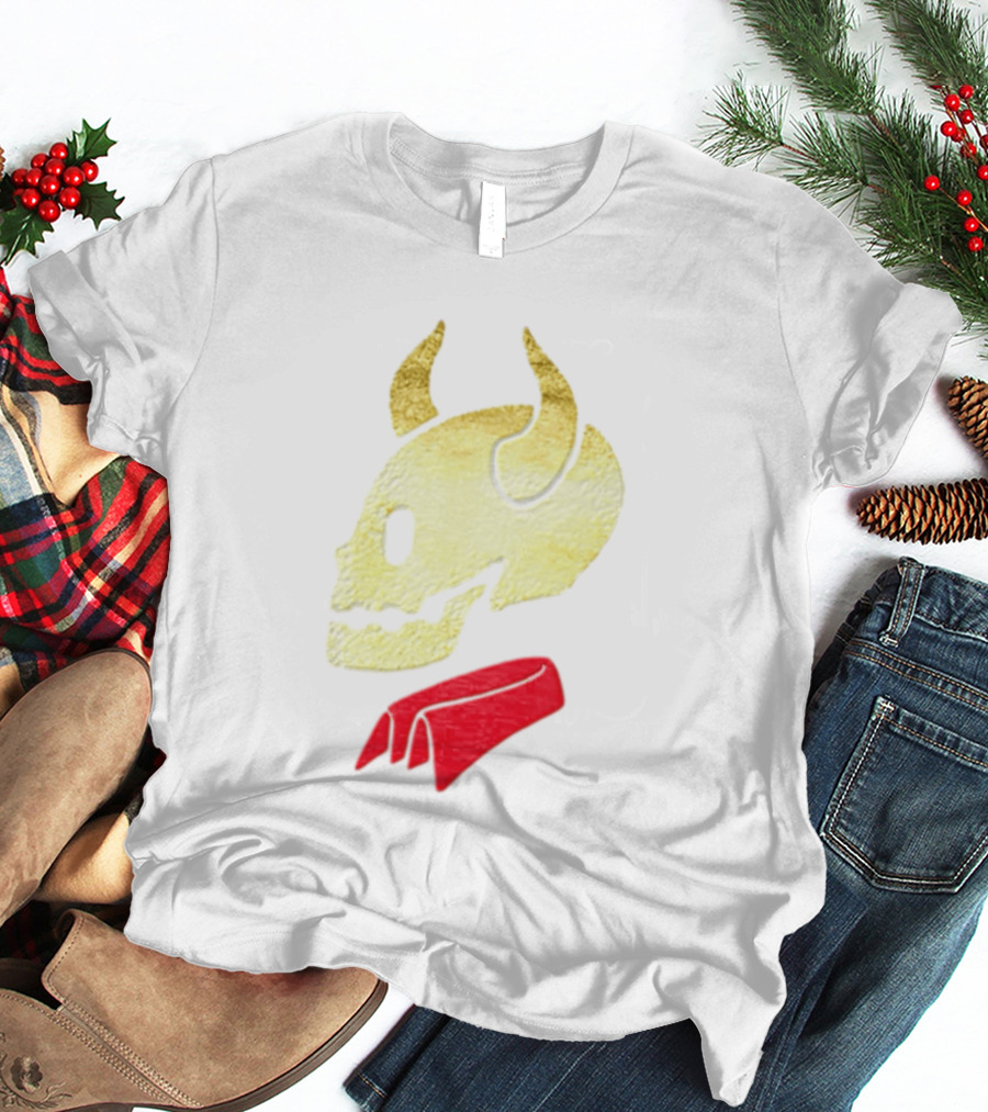 Devil Horn Skull Red Collar Gold Glitter T-Shirt