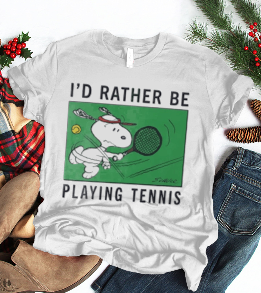 I'd Rather Be Playing Tennis Peanuts Snoopy Racquet Cartoon Green Court Schulz T-Shirt