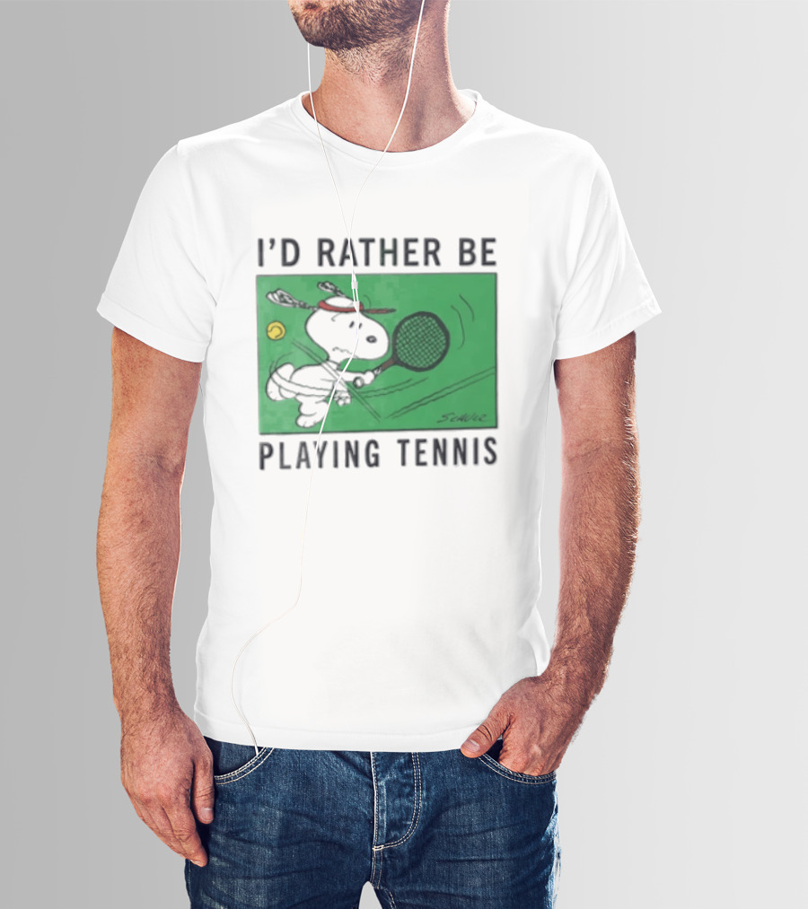 I'd Rather Be Playing Tennis Peanuts Snoopy Racquet Cartoon Green Court Schulz T-Shirt