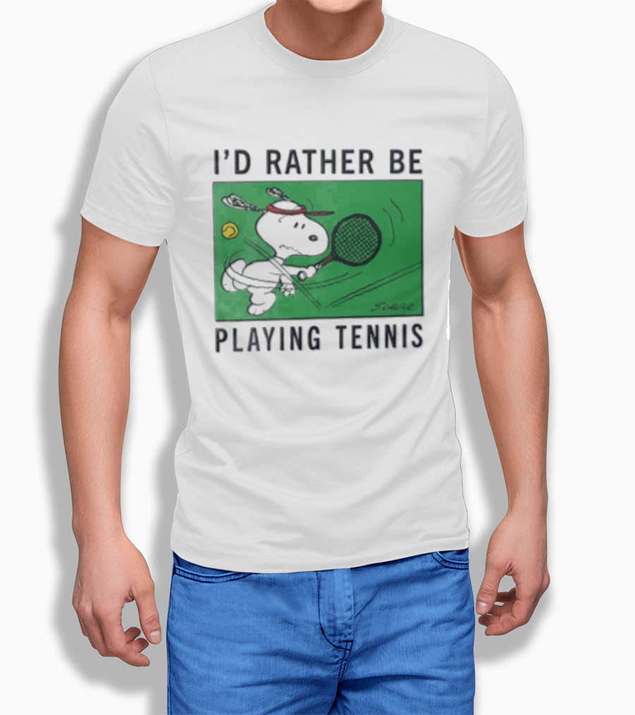 I'd Rather Be Playing Tennis Peanuts Snoopy Racquet Cartoon Green Court Schulz T-Shirt