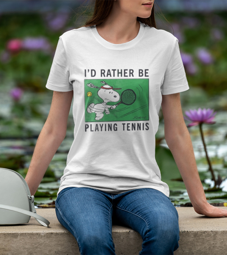 I'd Rather Be Playing Tennis Peanuts Snoopy Racquet Cartoon Green Court Schulz T-Shirt