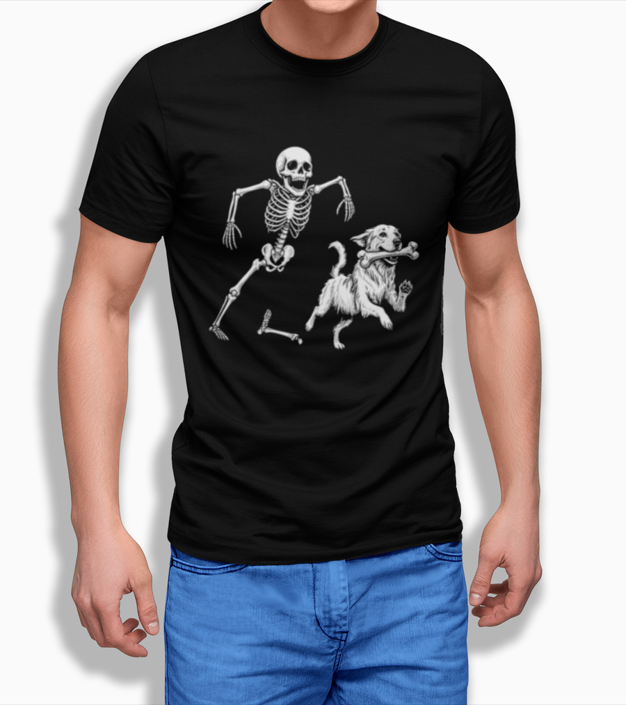 Skeleton Chasing Golden Retriever With Leg Bone T-Shirt