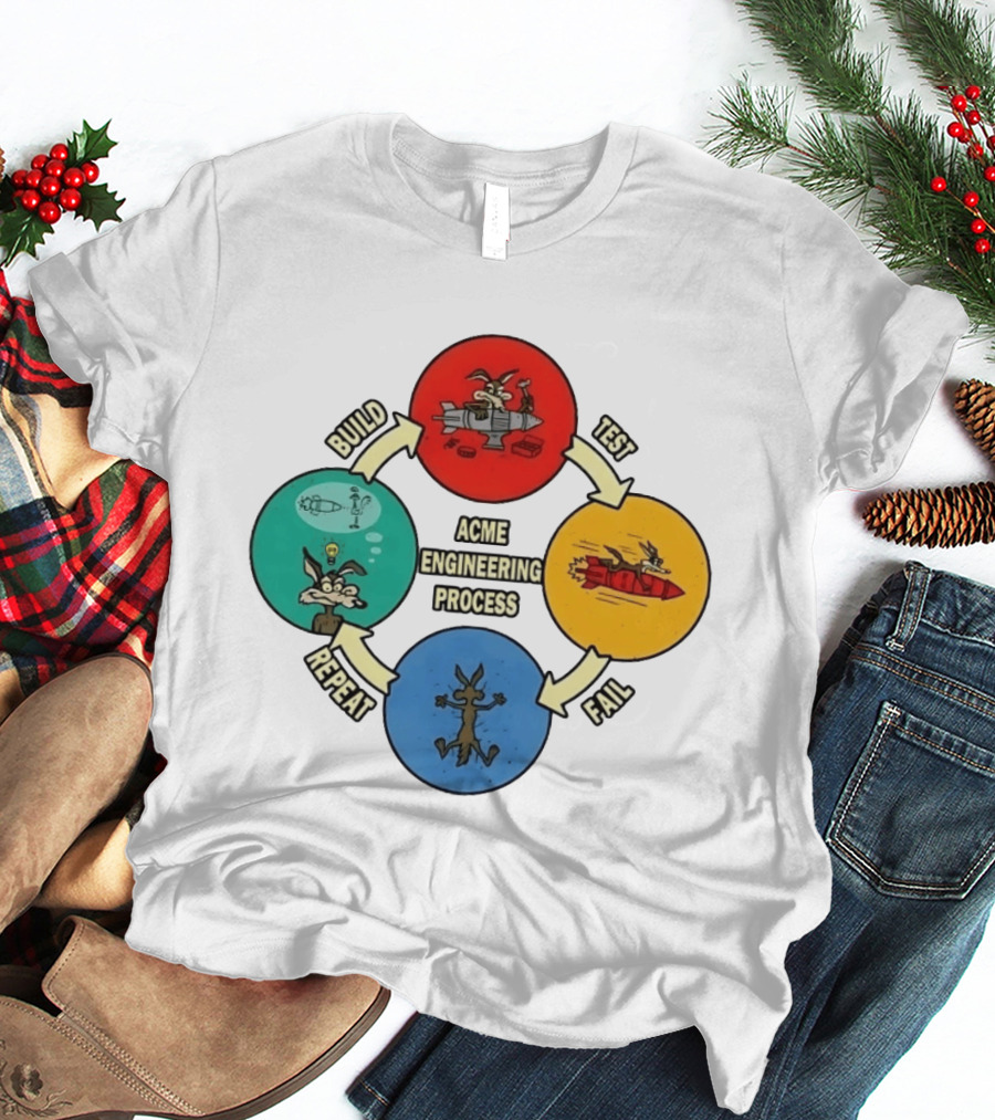 Wile E Coyote Acme Engineering Process Build Test Fail Repeat Cycle T-Shirt