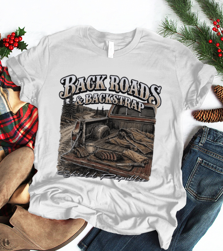 Back Roads & Backstrap Shield Republic Hunting Truck Scene T-Shirt